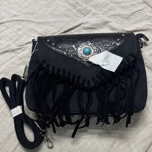 Elegant Black Crossbody Bag with Fringe and Turquoise Accent